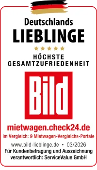 Deutschlands Lieblinge 2026: CHECK24 Mietwagen erzielt höchste Kundenzufriedenheit - Award Logo
